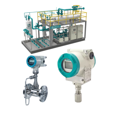 Máy phát áp suất Siemens SITRANS P320 7MF0300, đồng hồ đo lưu lượng xoáy SITRANS FX330 và bộ chia van điều khiển lưu lượng