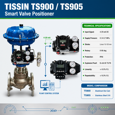 Tissin TS900 TS905 Định vị van thông minh Bộ điều khiển van kỹ thuật số với tín hiệu đầu vào DC 4-20mA Ex db IIC T5/T6 Chất chống nổ và bảo vệ IP66